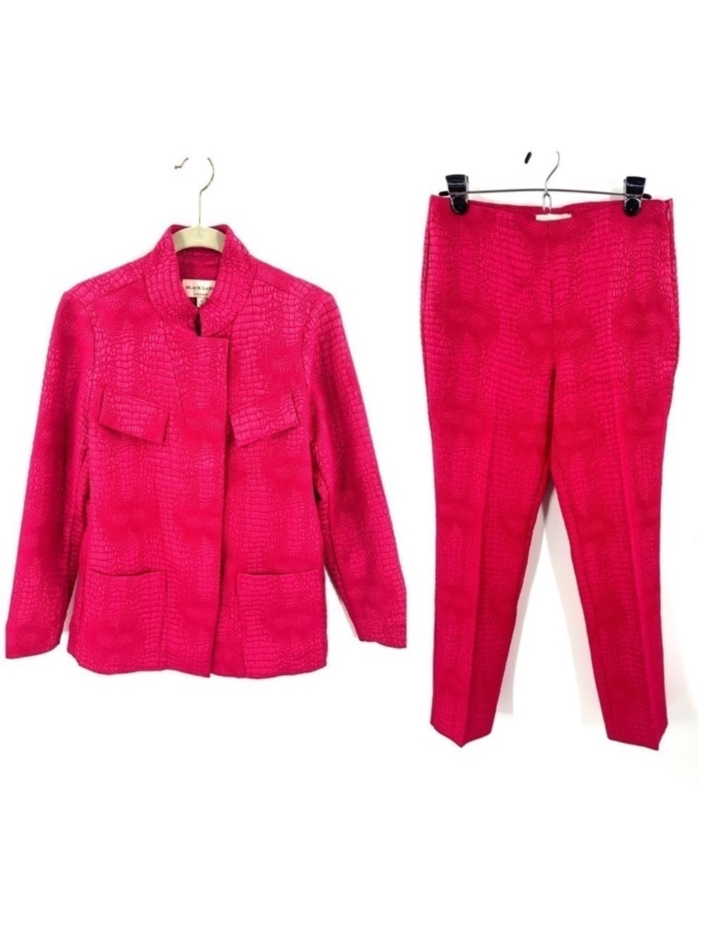 Chicos Black Label Pants Suit Womens 6 Pink Croco Cargo Jacket Blazer Old Money